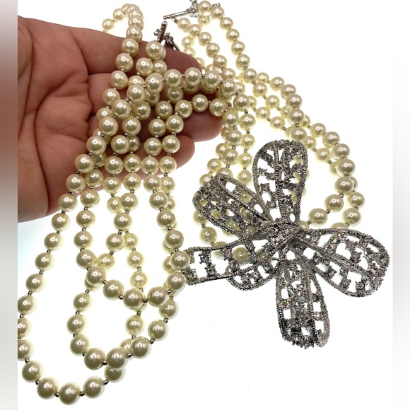 Vintage Signed Scaasi Pearl Necklace Crystal Bow Bold Statement Piece 80s 90s - Picture 10 of 10